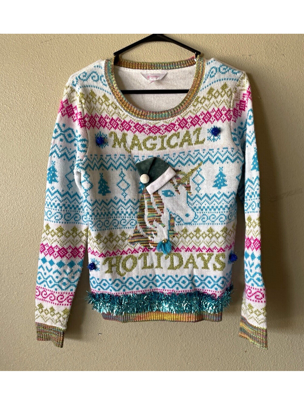 No Boundaries juniors M (7-9) Christmas Fair Isle Tinsel Crew Sweater unicorn